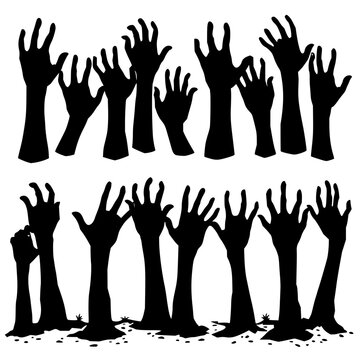 Zombie hands set with twelve black and white vector illustration hands emerging from ground in two rows of six featuring undead, creepy, flat with dread and chaotic