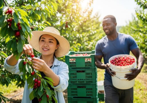 Farmers harvesting fresh cherries in an orchard