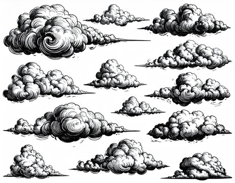 Collection of Hand-Drawn Cumulus and Cirrus Clouds in Black and White.