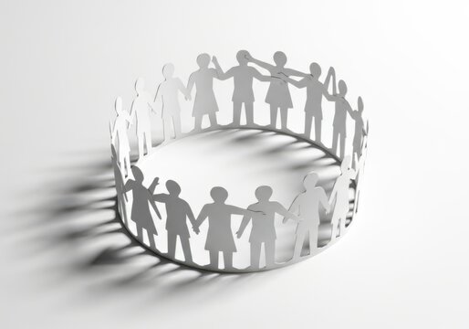 Paper cutout people holding hands in a circle isolated on white background