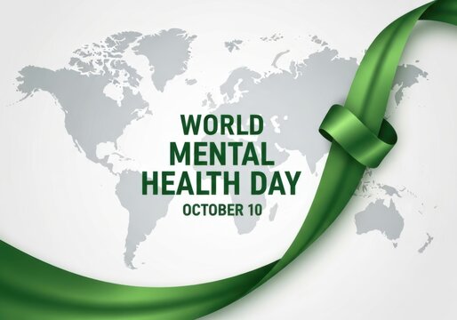 World mental health day awareness poster with green ribbon