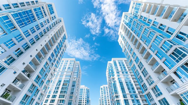 High-rise buildings in city center viewed from low angle against bright sky with modern living concept Generative AI