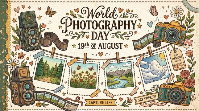 World photography day illustration vintage cameras film scenic prints
