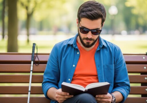 Visually impaired man reading a book on a park bench