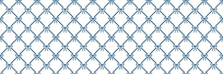 Fototapeta premium Medium denim blue dotted grid lines containing elegant white outline ribbon bow knots. A bold classic seamless backdrop for boy nursery room canvas prints and creative school textbook wraps.