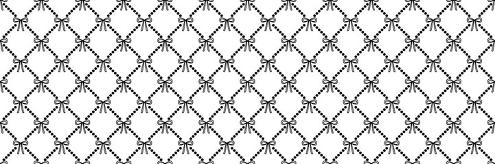 Fototapeta premium Fine black polka-dot lattice rows framing small delicate outline ribbon bows on a clean white base. Classic minimal seamless graphic for luxury boutique brand tags and custom liners.