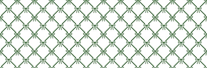 Fototapeta premium Deep forest green polka dot lattice lines enclosing delicate white outline ribbon bow knots. Beautiful rustic seamless pattern for organic tea canister tins and botanical gift wrapping paper.