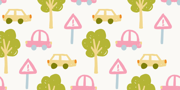 Seamless background pattern with hand drawn cute cars trees and traffic signs doodle
