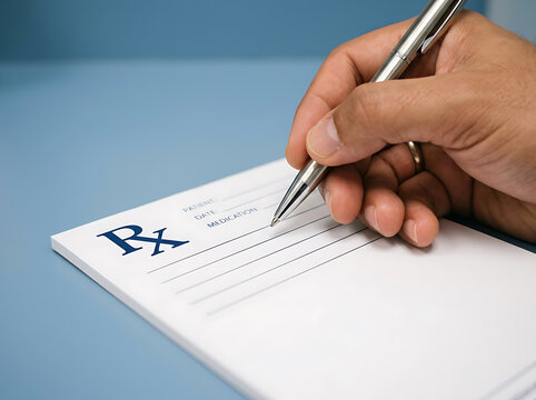 Doctor writing a medical prescription. Physician filling out a patient health document.