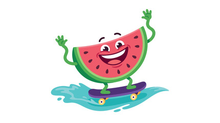 Naklejka premium Happy Cartoon Watermelon Slice Character Riding a Skateboard on Water Splash