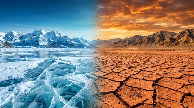 Split landscape showing extreme climate change with frozen icy glacier melting into cracked dry desert earth
