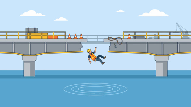 A construction worker falls from a broken bridge section into the water below, highlighting workplace safety concerns and structural failure.