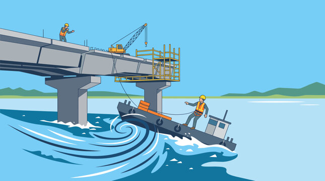 An illustration depicting a construction accident where a boat is sinking or capsizing near a bridge under construction, with workers observing from above.