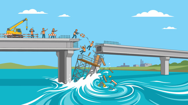Construction workers react in shock as a section of a bridge collapses into the water during its building process, highlighting structural failure and project setbacks.