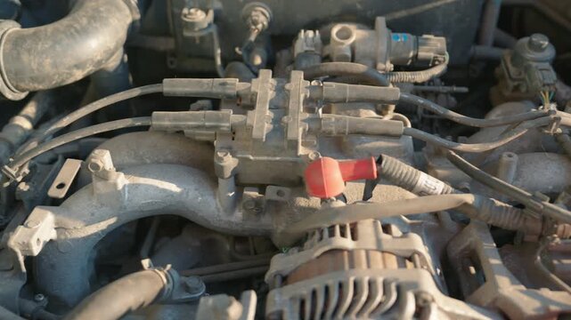 Close-Up View of Dirty Car Engine Compartment with Spark Plug Wires and Alternator | Detailed Automotive Mechanics and Worn Metal Parts Under Open Hood | Old Vehicle Maintenance