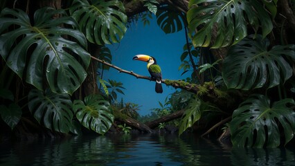 Obraz premium Toucan perches on branch framed by lush green leaves above calm water.