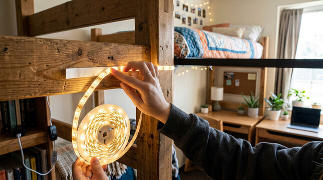 Person installing energy efficient LED light strip on wooden loft bed to create a sustainable dorm room cozy interior decor