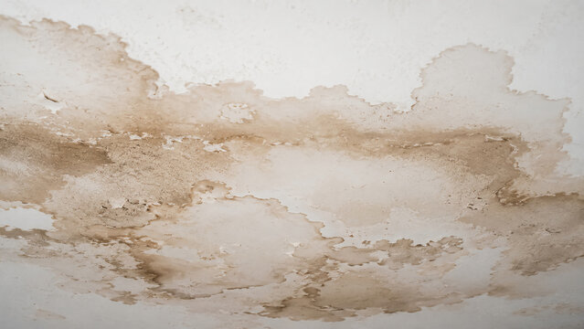 A ceiling with extensive water damage and brownish stains, showing peeling paint and signs of moisture infiltration.
