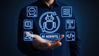Fototapeta premium Multi AI agents concept with virtual chatbot icons and automation workflow, representing intelligent systems collaboration, generative artificial intelligence and digital business transformation.