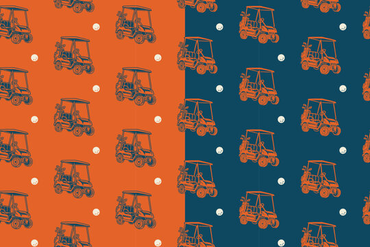 Golf cart pattern on orange blue background set for merchandise. Golf buggy hand drawn seamless pattern background. Golf cart vehicle with ball vintage engraved motif wallpaper