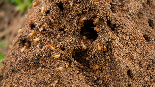 A close-up of a termite colony with numerous termites actively moving around the entrance of their underground nest.