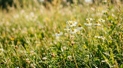 Fototapeta premium Soft focus meadow with delicate white wildflowers in warm sunlight.