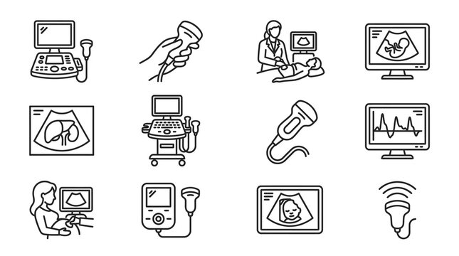 Clean Black and White Line Icons Set Featuring Medical Ultrasound and Fetal Monitoring Equipment