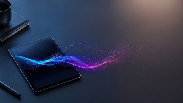 Abstract Digital Sound Wave Emerging from Tablet, Music Streaming Technology and Immersive Audio Experience with Copy Space