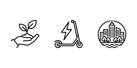 Fototapeta premium Eco friendly transportation and urban living line icons set featuring nature and technology