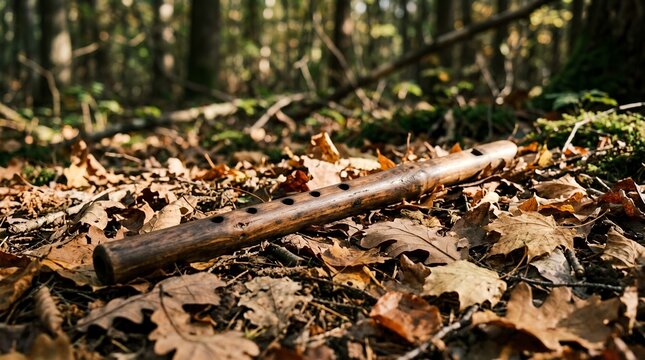 Wooden flute resting on autumn leaves in a forest setting.