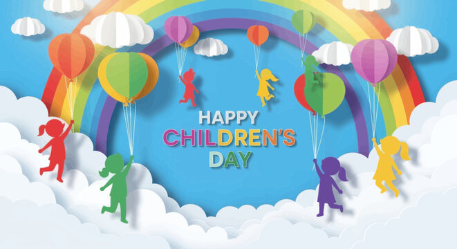 Happy childrens day celebration with kids and balloons