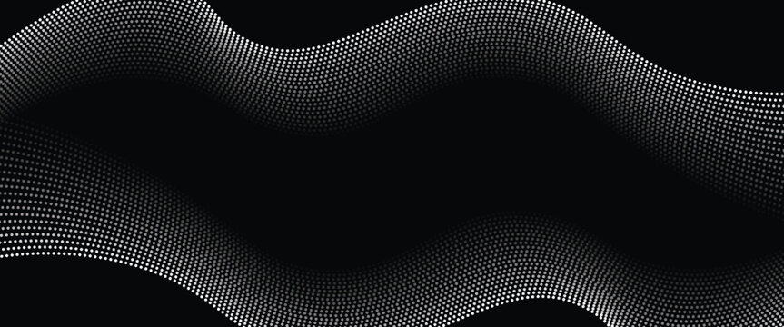 Wave dots abstract pattern. Flow of white curved dotted lines vector illustration isolated on black background. Dynamic shiny swirl backdrop. Digital, technology, ia, music, modern design element.