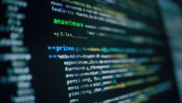 Close-up of computer screen displaying lines of text code, with various colors and characters. It shows text and symbols