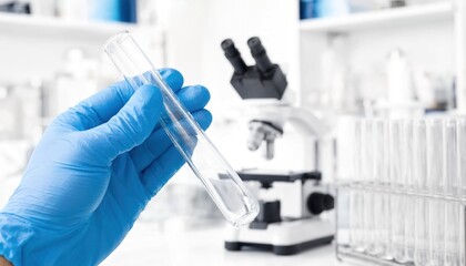 Fototapeta premium Scientist Hand in Blue Glove Holding Test Tube with Liquid