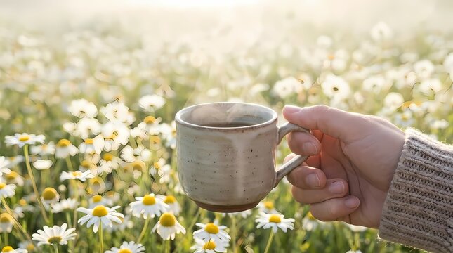 Hand holding ceramic mug in daisy field.