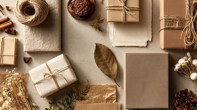 Neutral eco friendly gift packaging flat lay with recycled kraft paper, twine and dried botanicals