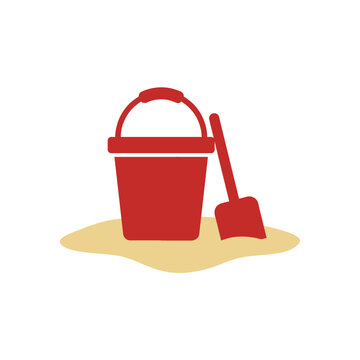 Red sand bucket and shovel icon, simple flat design for beach play or sandbox fun