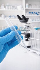 Fototapeta premium Scientist Hand in Blue Glove Holding Test Tube with Liquid