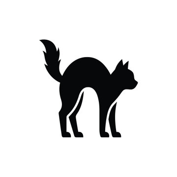 Black cat silhouette arched back Halloween symbol, standing alert on a white background, often associated with superstition