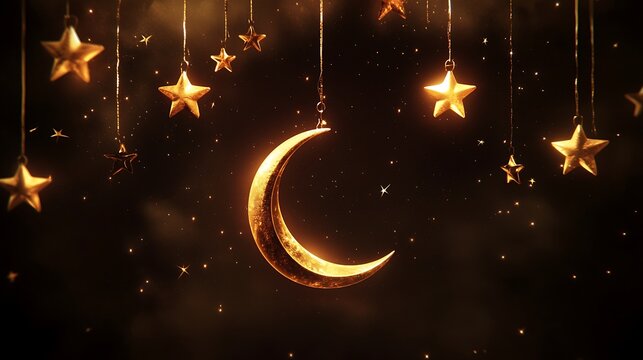 Golden moon and stars night sky