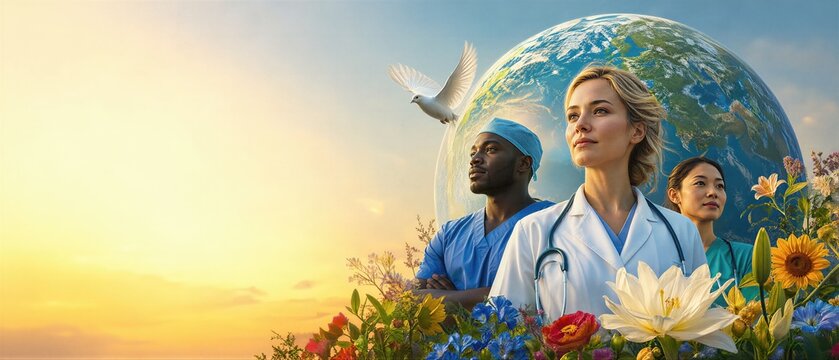 Diverse doctors standing in front of the globe with flying dove and flowers. Concept of International Day Doctors of the World for Peace. Banner with copy space