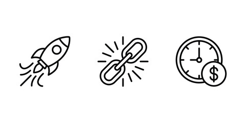 Naklejka premium Set of business progression and time management icons including a rocket link and clock