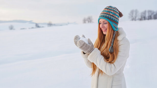 A smiling redhead woman wears a patterned cap and mittens, making a snowball in a snowy field.
