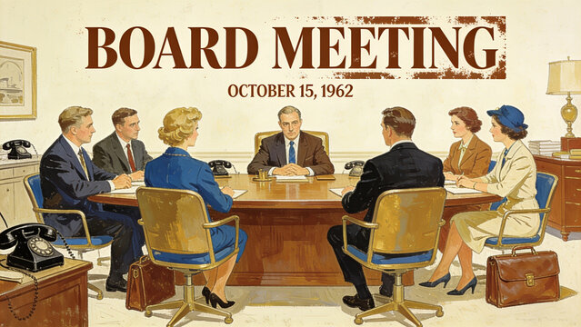 Vintage 1962 board meeting illustration with business executives