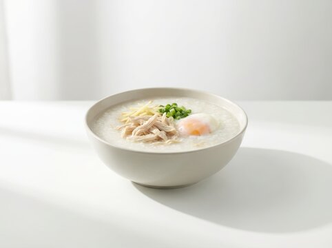 Bowl of chicken congee with poached egg, ginger, and green onions