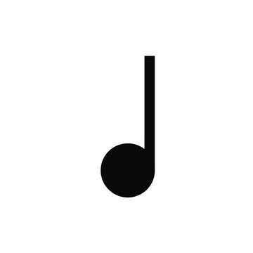 Isolated black eighth note symbol on white background, musical notation element for melody and rhythm