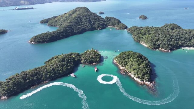 Angra dos Reis, Rio de Janeiro. Lagoa Azul, Blue Lagoon. Aerial view, establishing shot.