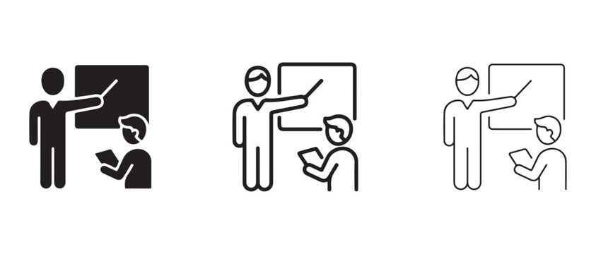 Stick figure illustrations of people giving presentations and taking notes in a meeting or classroom setting with different line styles and shading