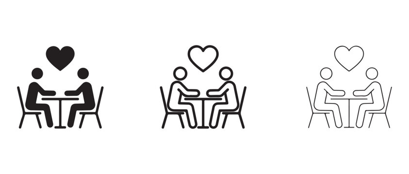 Stick figure people sitting at table with heart above  romantic dinner date night  love relationship
