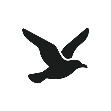 Isolated black silhouette of a bird in flight against a white background, representing freedom and movement